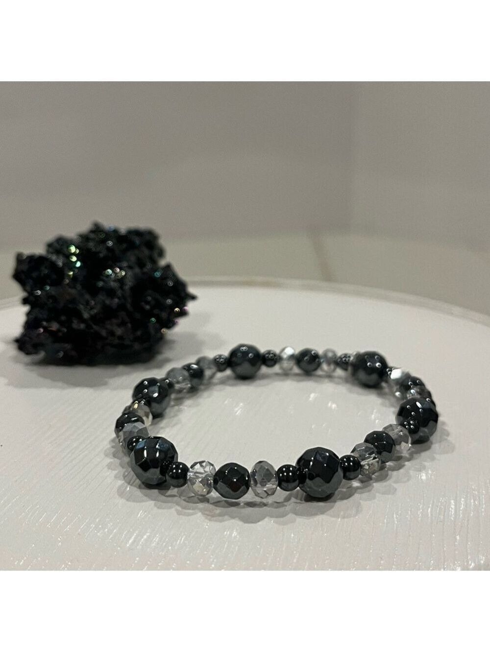 Tocara Stainless Steel Beaded Stretch Bracelet – 7” Black Crystal Beaded Design